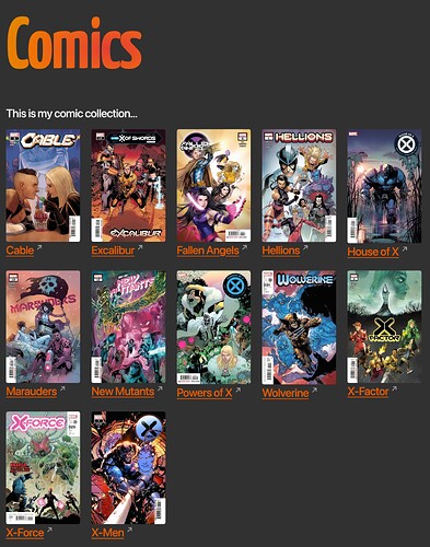 A screenshot of the comics page on flamedfury.com showing a grid of x-men comic covers