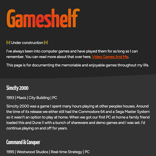 A screenshot of the Gameshelf page from flamedfury.com