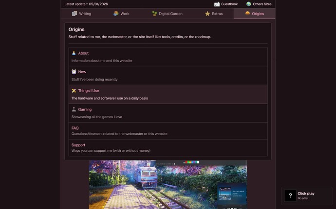 Demostrating the navigation, currently showing the menu "Origins" opened with a list of the pages inside that category.