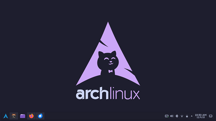 An Arch Linux and KDE Plasma desktop, with panels at the bottom and a wallpaper consists of the Catppuccin mascot and the Arch Linux logo juxtaposed together, and a text below that reads "arch linux".