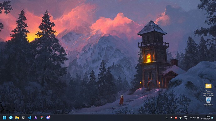 Screenshot of a Windows 11 desktop with almost no icons, featuring a digital art wallpaper showing a snowy forest with the sunset and montains on the background while a person is going into a house with the lights on, as the foreground.