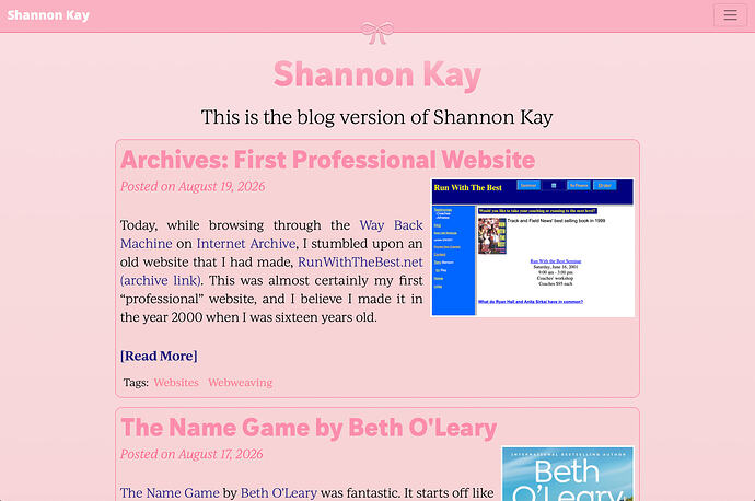 Screenshot of blog.shannonkay.com which is very pink and has a bow icon on the top.