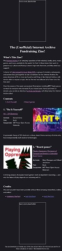 The html zine. A placeholder cover, followed by an intro, contents, two example items with images and text, credits, a placeholder back cover, and  footer.