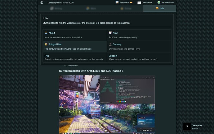 Demostrating the navigation, currently showing the menu "Origins" (now renamed to "Info") opened with a list of the pages inside that category.