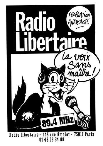 A Radio Libertaire flyer. A black and white cat sits at the microphone, saying "la voix sans maître"